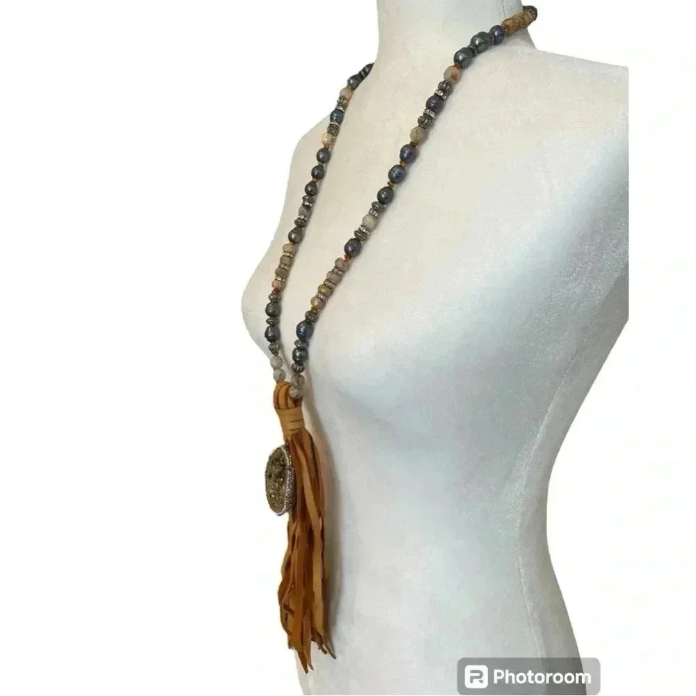 High End Statement Long Necklace Southwestern Lea… - image 2